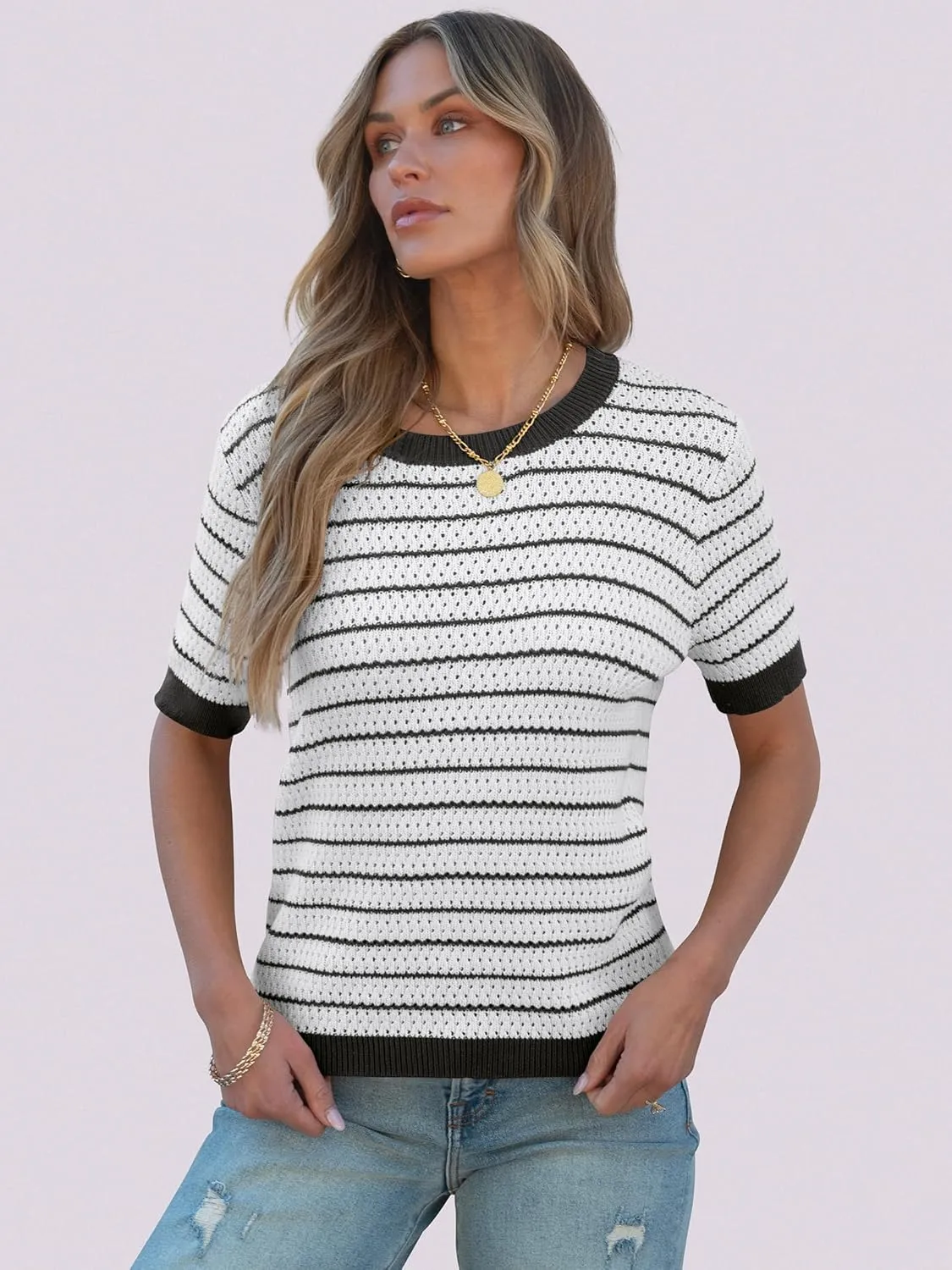 ANRABESS Women's Short Sleeve Sweaters Summer Knit Tops Crewneck Casual Business Dressy Blouses 2025 Spring Outfit