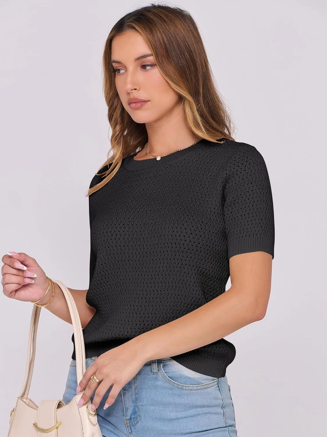 ANRABESS Women's Short Sleeve Sweaters Summer Knit Tops Crewneck Casual Business Dressy Blouses 2025 Spring Outfit