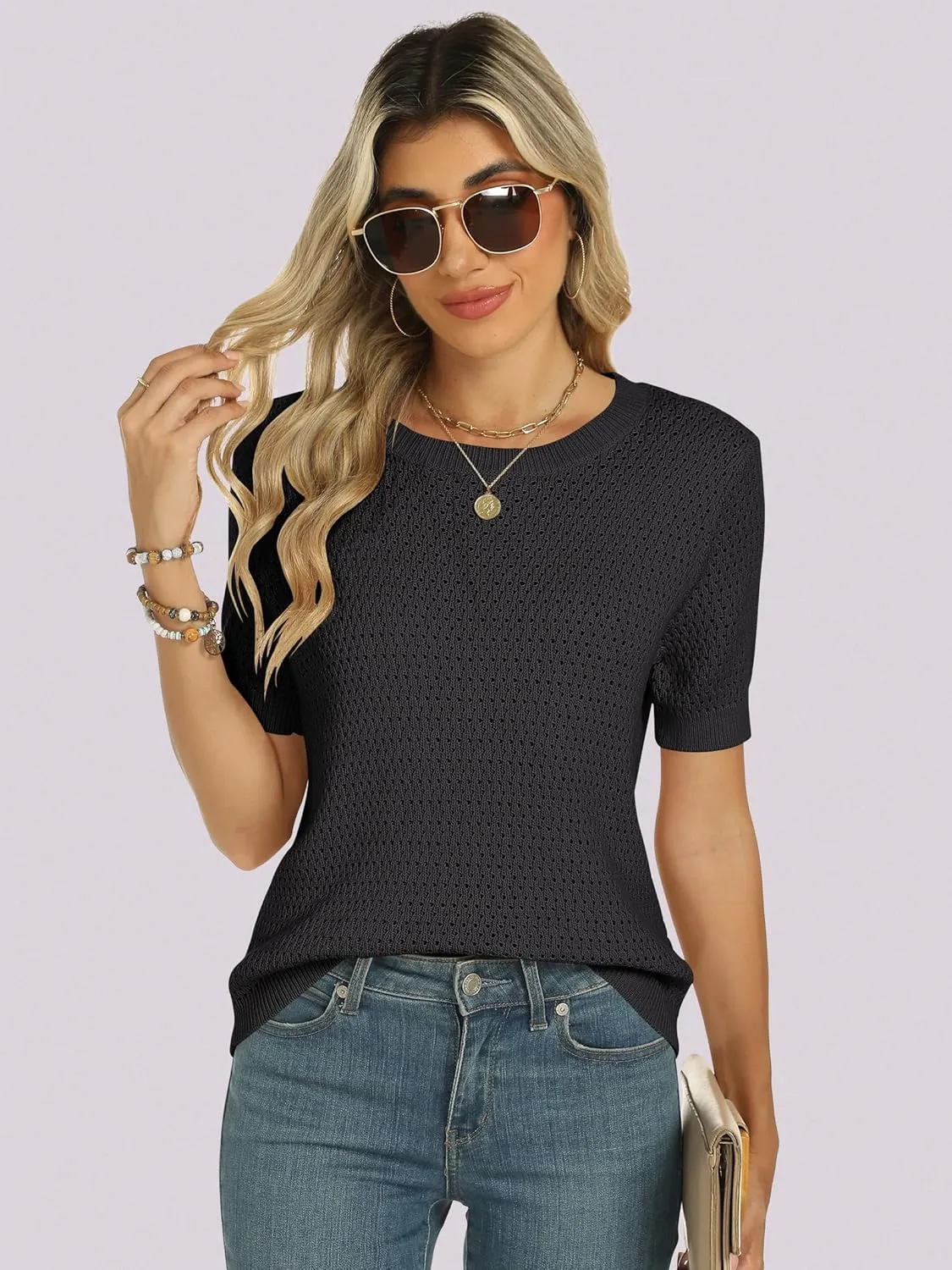 ANRABESS Women's Short Sleeve Sweaters Summer Knit Tops Crewneck Casual Business Dressy Blouses 2025 Spring Outfit
