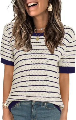 ANRABESS Women's Short Sleeve Sweaters Summer Knit Tops Crewneck Casual Business Dressy Blouses 2025 Spring Outfit