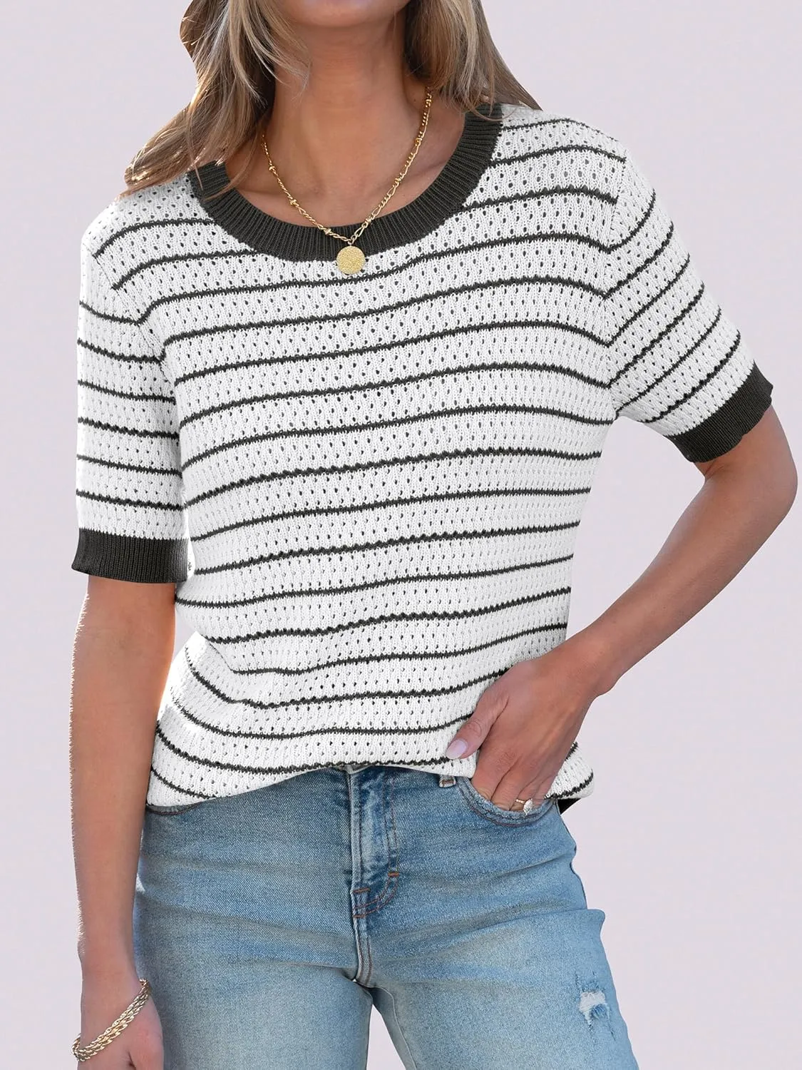 ANRABESS Women's Short Sleeve Sweaters Summer Knit Tops Crewneck Casual Business Dressy Blouses 2025 Spring Outfit