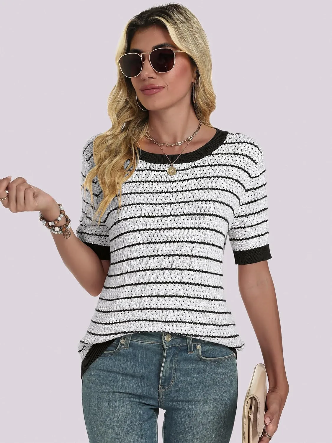 ANRABESS Women's Short Sleeve Sweaters Summer Knit Tops Crewneck Casual Business Dressy Blouses 2025 Spring Outfit