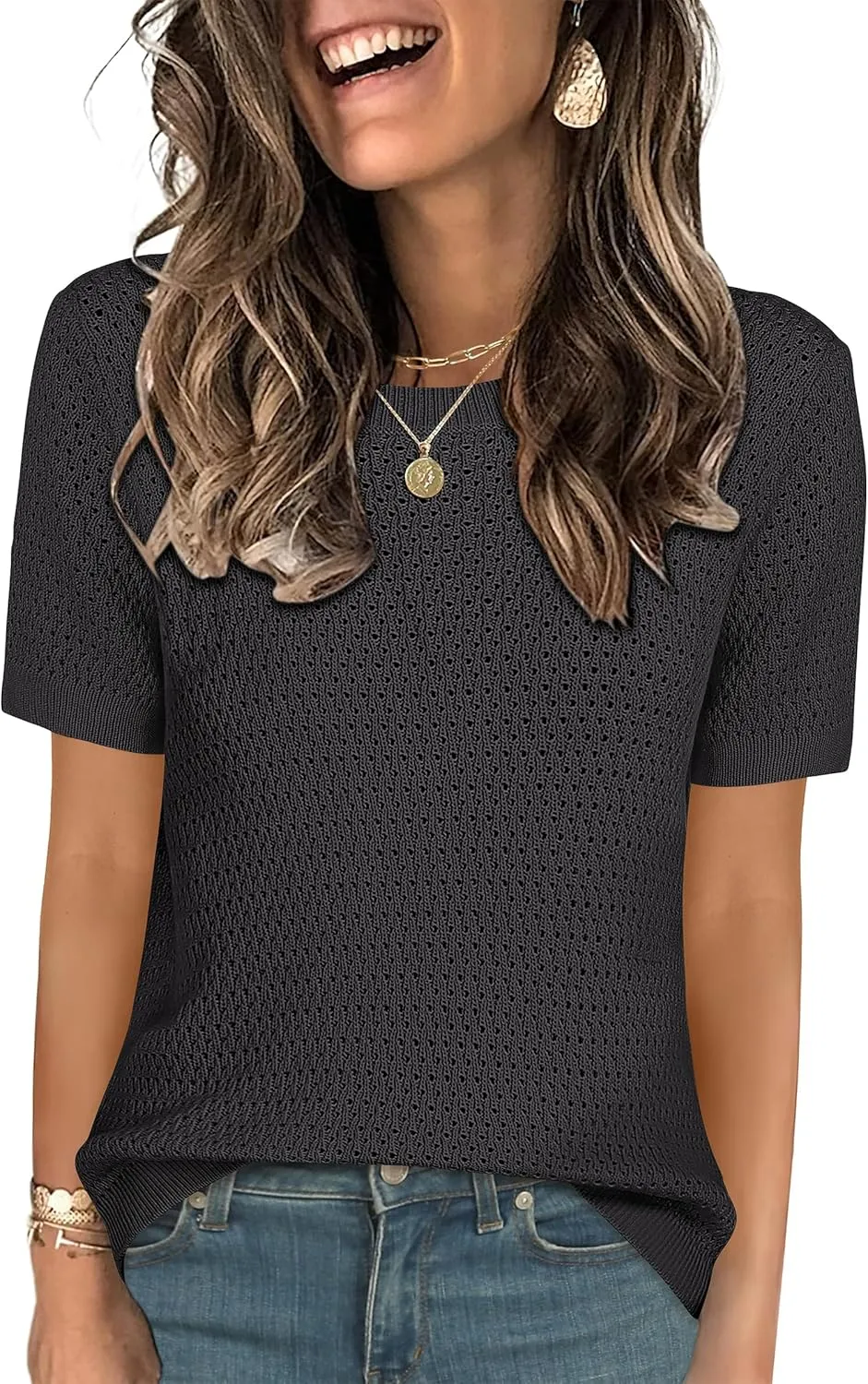 ANRABESS Women's Short Sleeve Sweaters Summer Knit Tops Crewneck Casual Business Dressy Blouses 2025 Spring Outfit