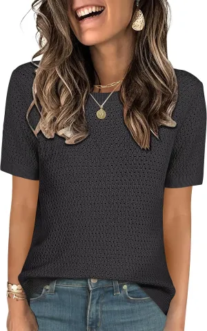 ANRABESS Women's Short Sleeve Sweaters Summer Knit Tops Crewneck Casual Business Dressy Blouses 2025 Spring Outfit