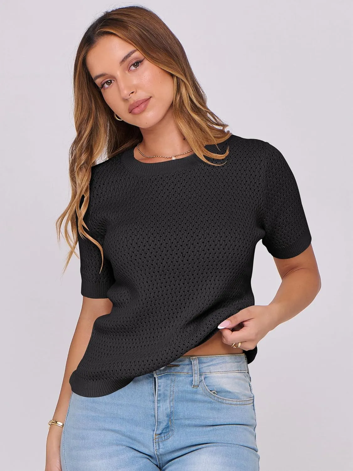 ANRABESS Women's Short Sleeve Sweaters Summer Knit Tops Crewneck Casual Business Dressy Blouses 2025 Spring Outfit