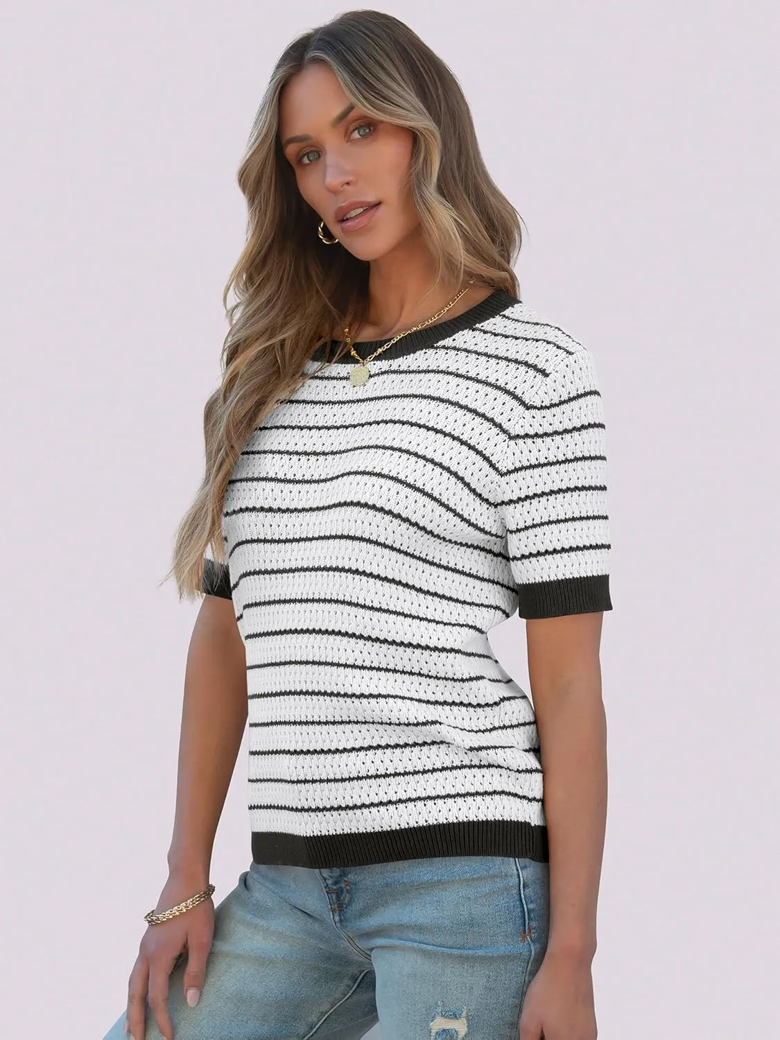 ANRABESS Women's Short Sleeve Sweaters Summer Knit Tops Crewneck Casual Business Dressy Blouses 2025 Spring Outfit