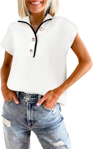 ANRABESS Womens Short Sleeve Sweaters V Neck Button Down Pullover Sweater Tops Loose Casual Knit 2025 Summer Outfits