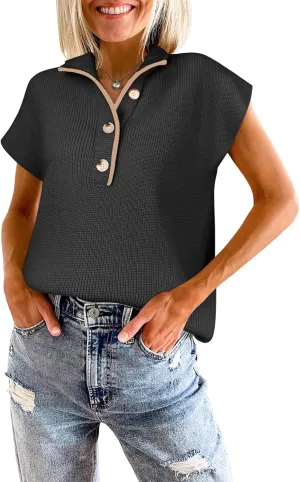 ANRABESS Womens Short Sleeve Sweaters V Neck Button Down Pullover Sweater Tops Loose Casual Knit 2025 Summer Outfits