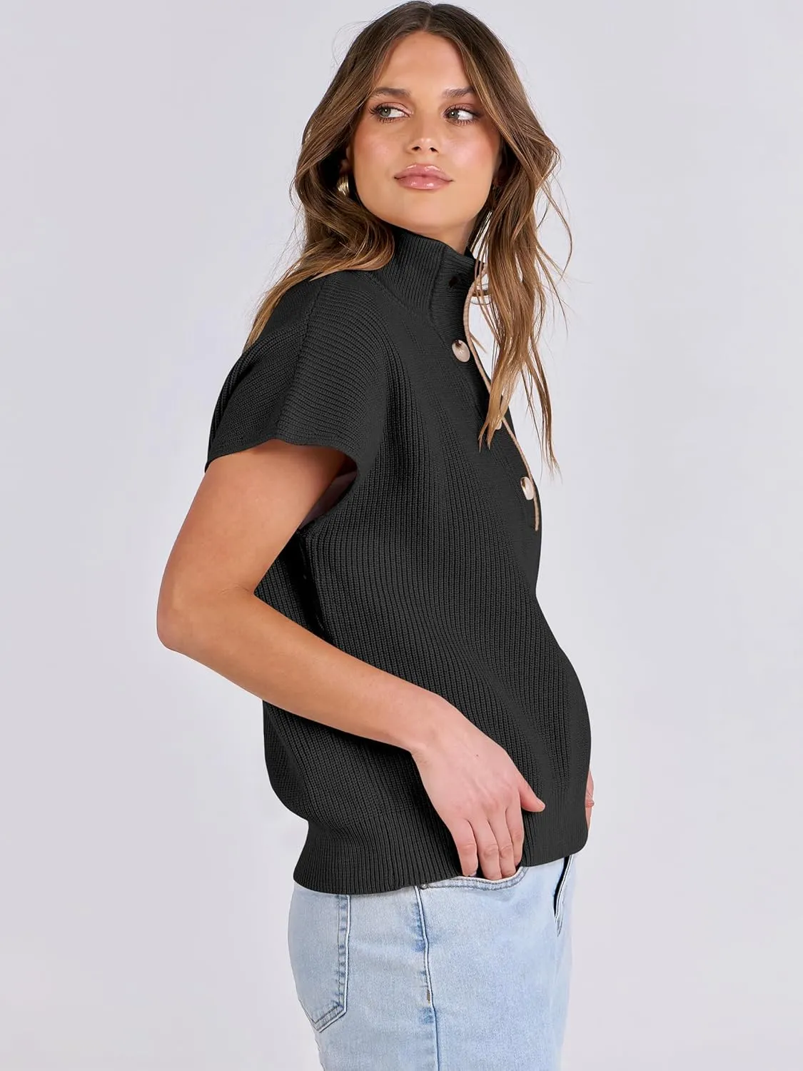 ANRABESS Womens Short Sleeve Sweaters V Neck Button Down Pullover Sweater Tops Loose Casual Knit 2025 Summer Outfits