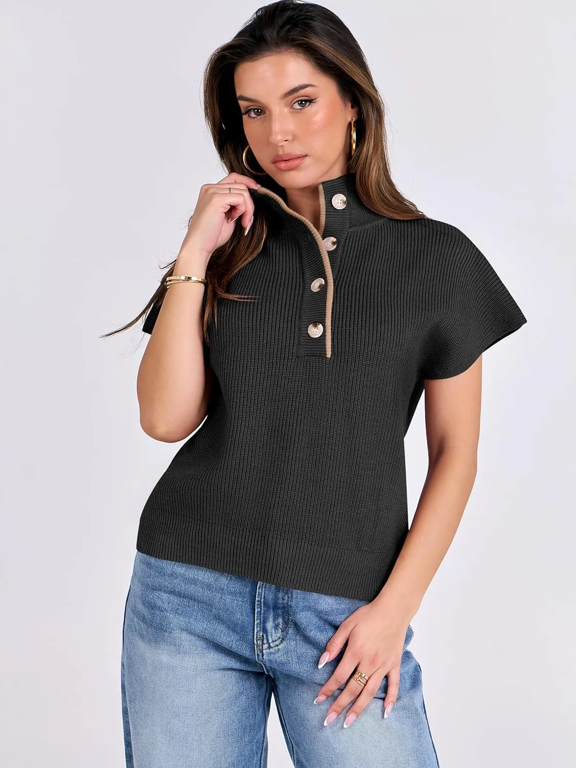 ANRABESS Womens Short Sleeve Sweaters V Neck Button Down Pullover Sweater Tops Loose Casual Knit 2025 Summer Outfits