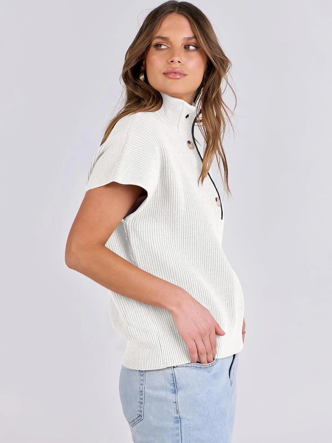 ANRABESS Womens Short Sleeve Sweaters V Neck Button Down Pullover Sweater Tops Loose Casual Knit 2025 Summer Outfits
