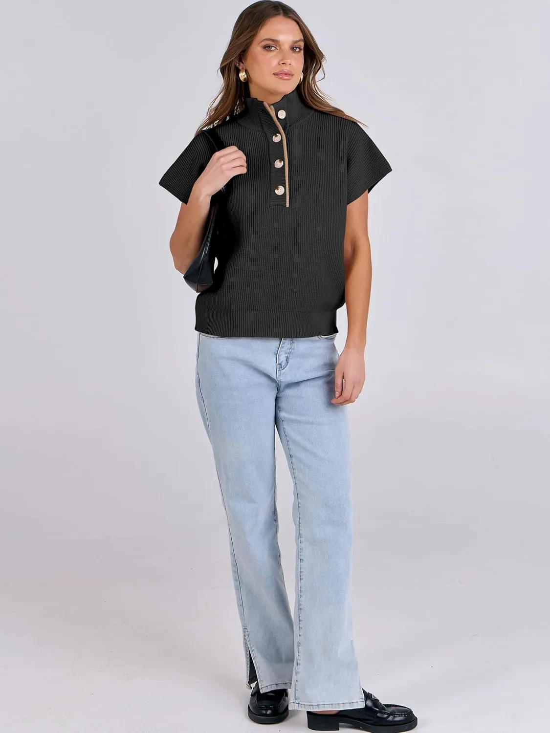 ANRABESS Womens Short Sleeve Sweaters V Neck Button Down Pullover Sweater Tops Loose Casual Knit 2025 Summer Outfits