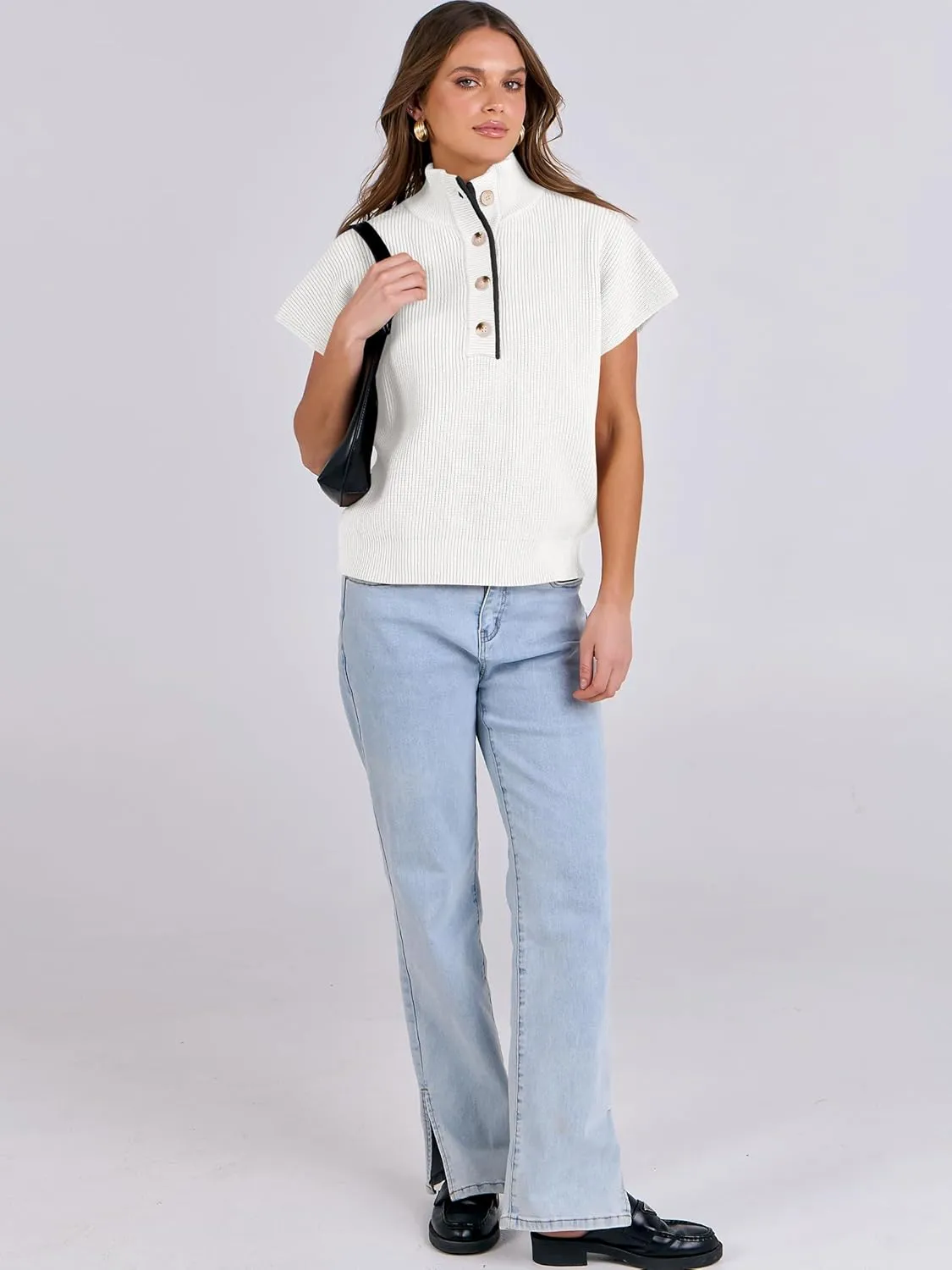 ANRABESS Womens Short Sleeve Sweaters V Neck Button Down Pullover Sweater Tops Loose Casual Knit 2025 Summer Outfits