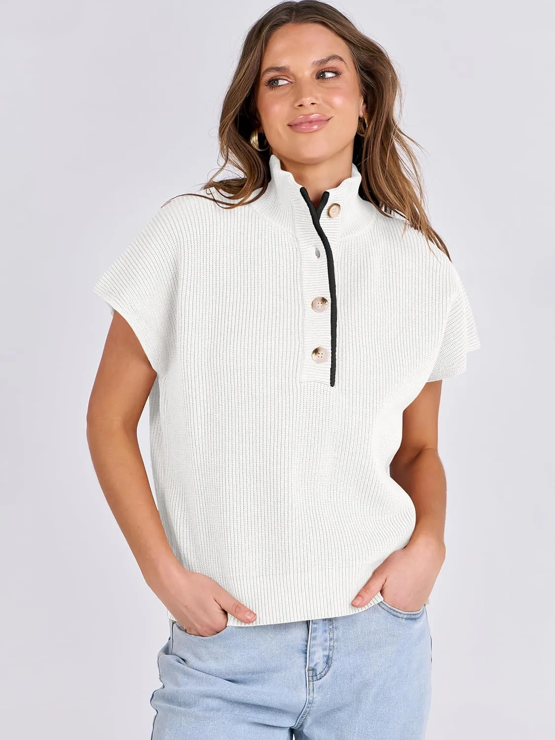 ANRABESS Womens Short Sleeve Sweaters V Neck Button Down Pullover Sweater Tops Loose Casual Knit 2025 Summer Outfits
