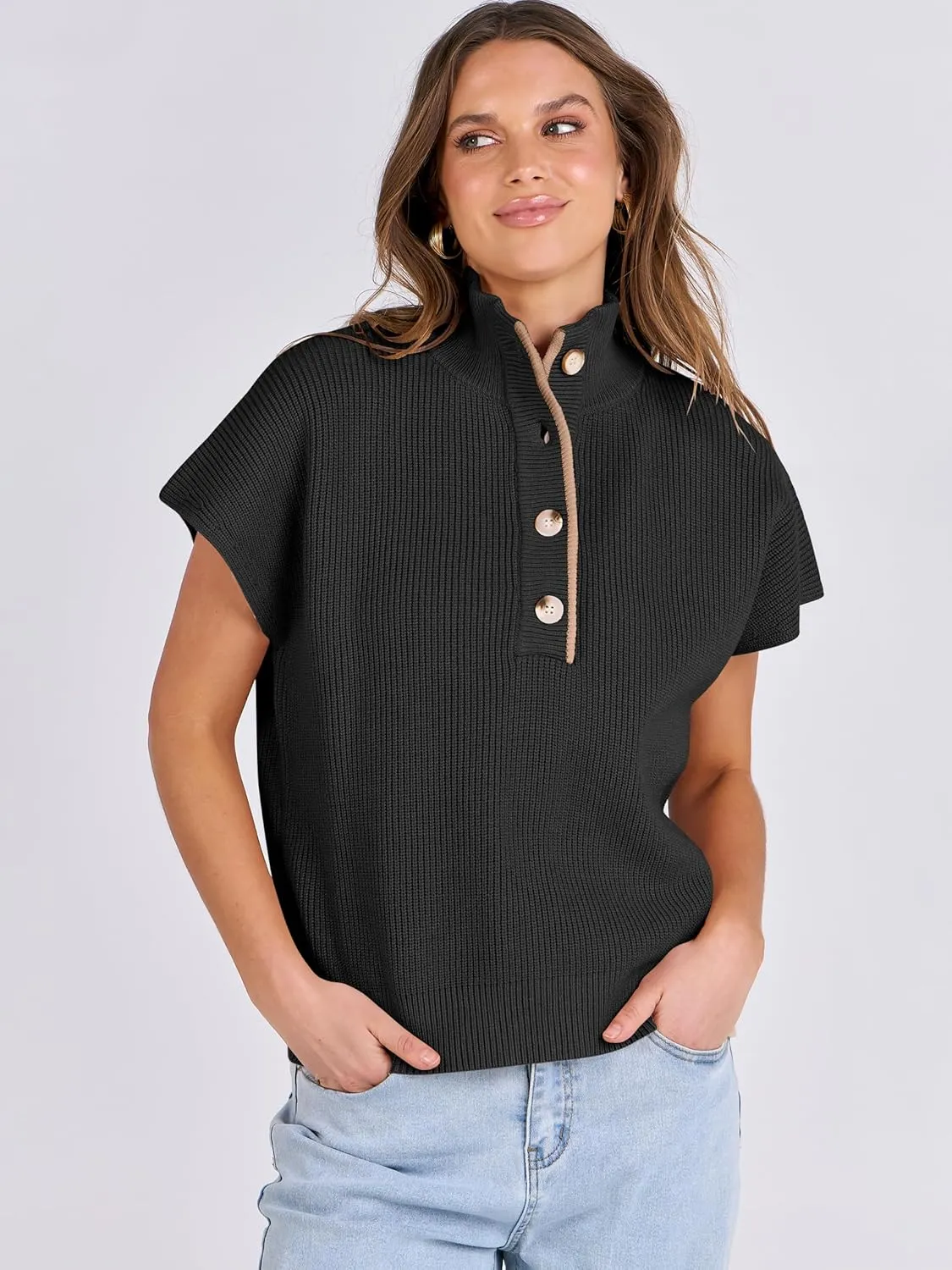 ANRABESS Womens Short Sleeve Sweaters V Neck Button Down Pullover Sweater Tops Loose Casual Knit 2025 Summer Outfits