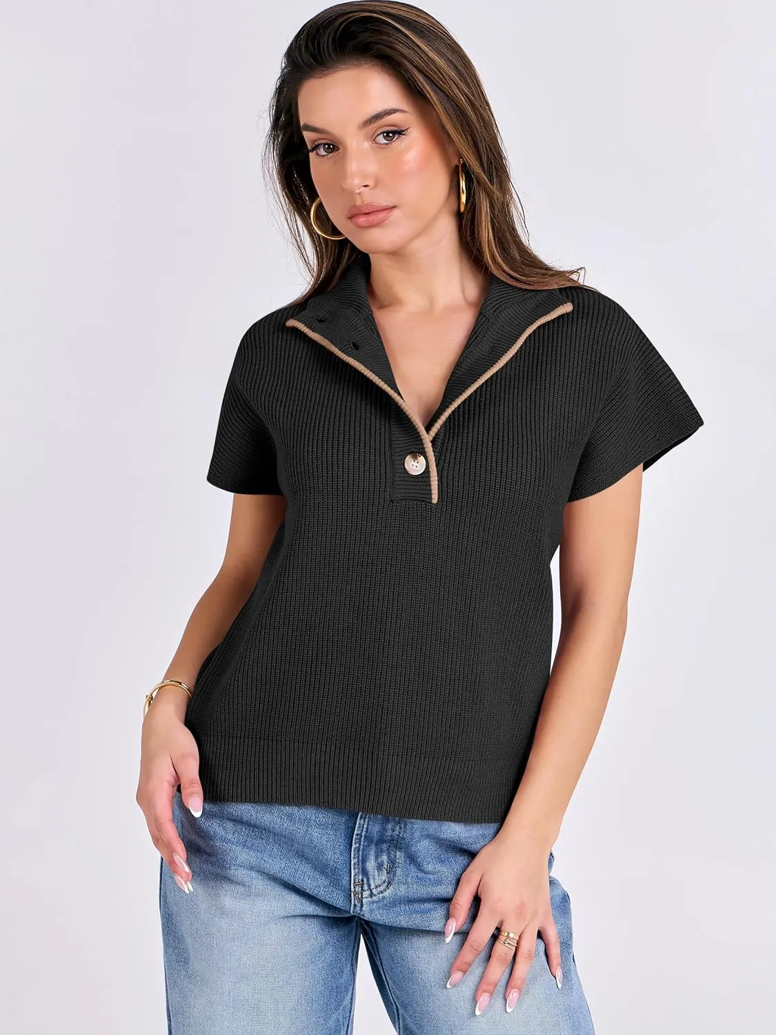 ANRABESS Womens Short Sleeve Sweaters V Neck Button Down Pullover Sweater Tops Loose Casual Knit 2025 Summer Outfits