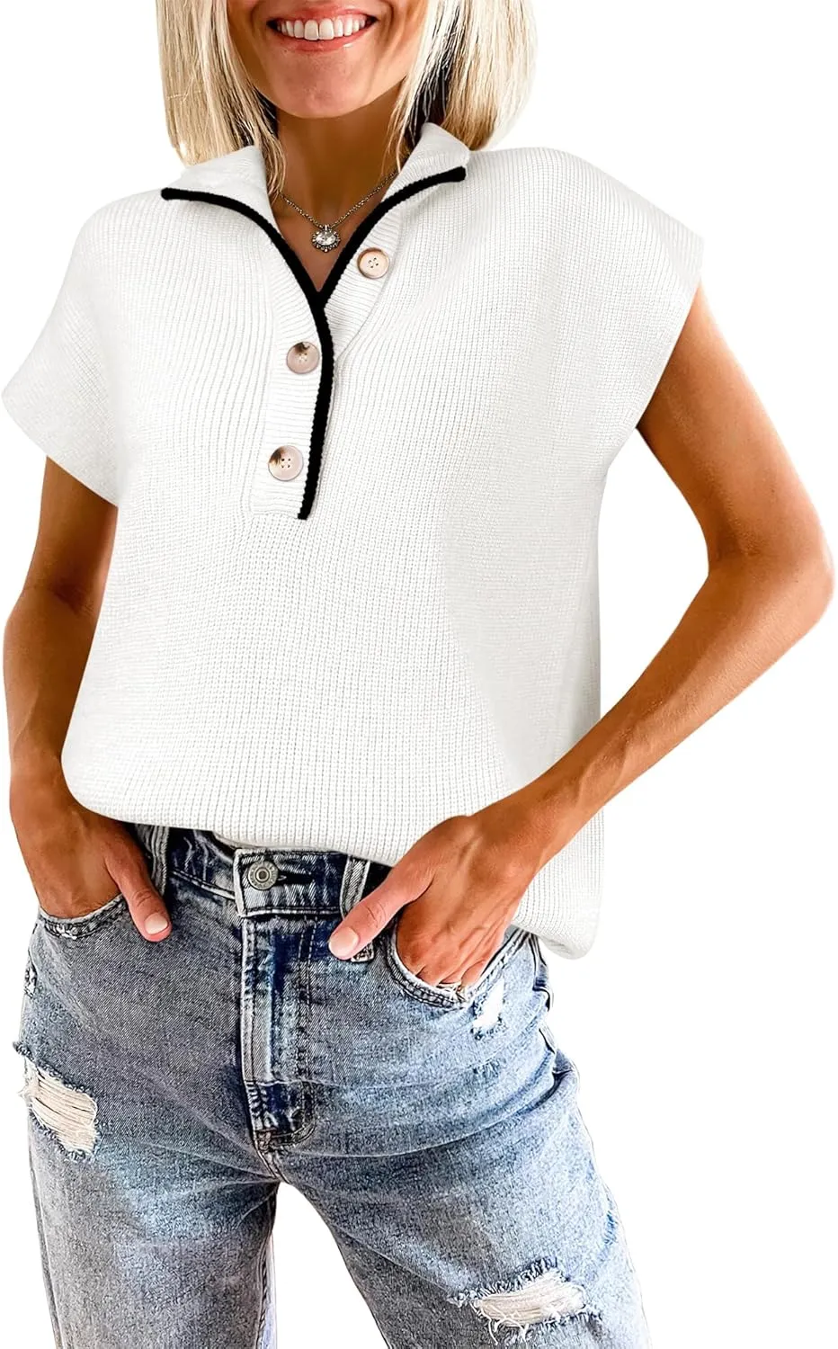 ANRABESS Womens Short Sleeve Sweaters V Neck Button Down Pullover Sweater Tops Loose Casual Knit 2025 Summer Outfits