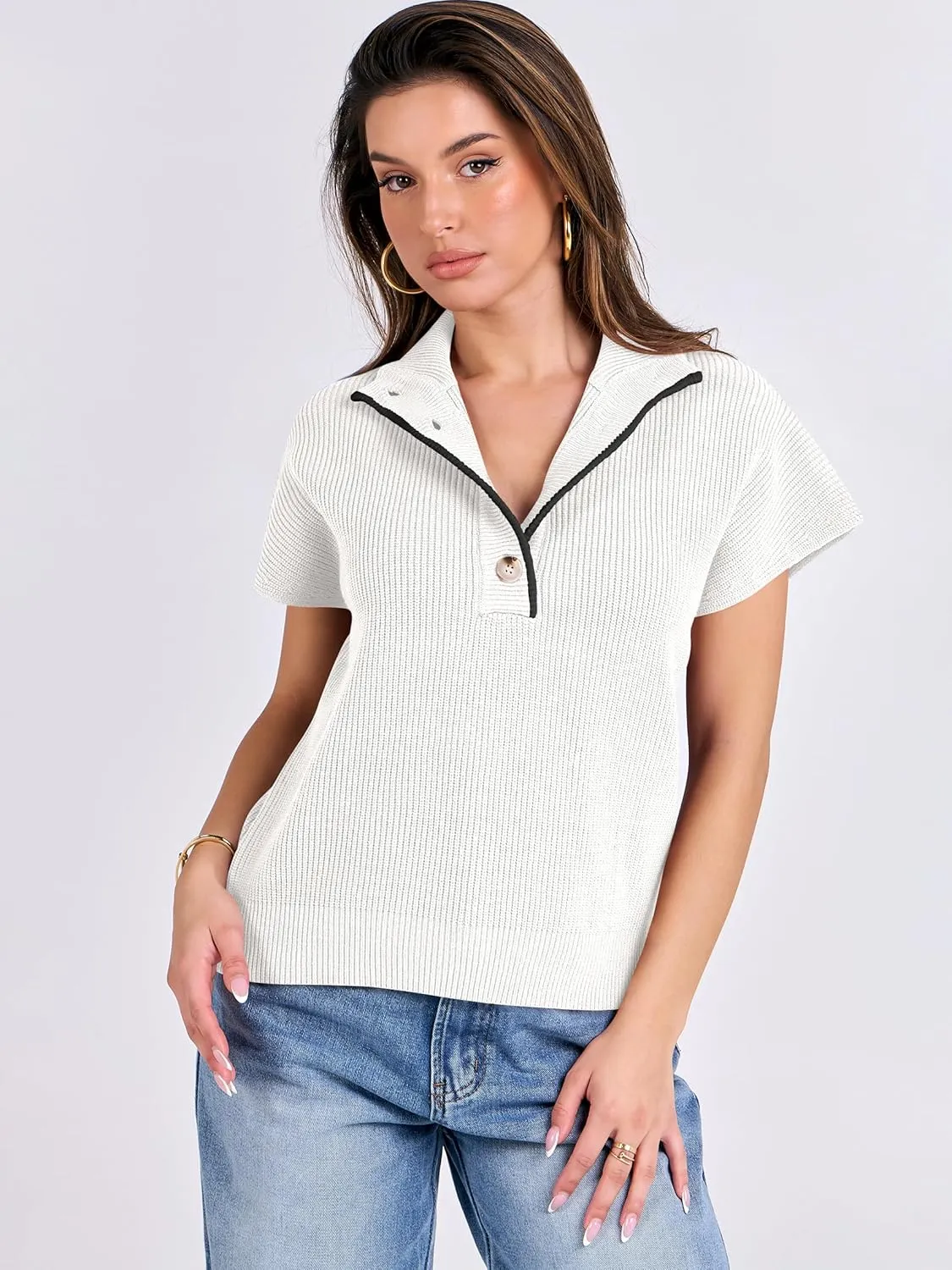ANRABESS Womens Short Sleeve Sweaters V Neck Button Down Pullover Sweater Tops Loose Casual Knit 2025 Summer Outfits
