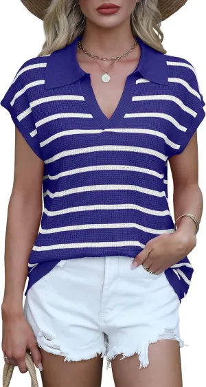 ANRABESS Womens Summer Cap Sleeve Sweater Vest Striped Polo V Neck Knit Tops Casual Trendy Loose Fit Sleeveless Sweaters