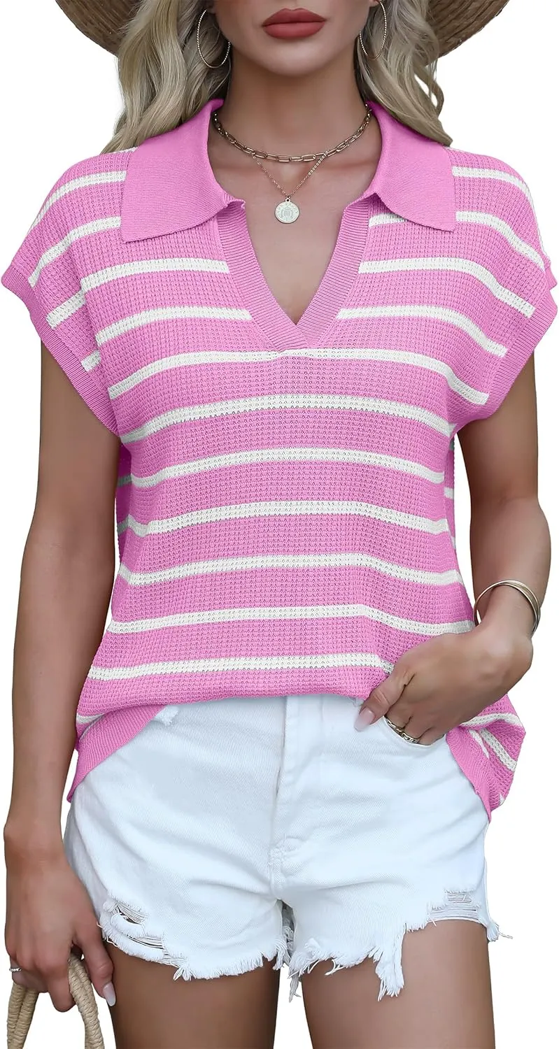 ANRABESS Womens Summer Cap Sleeve Sweater Vest Striped Polo V Neck Knit Tops Casual Trendy Loose Fit Sleeveless Sweaters