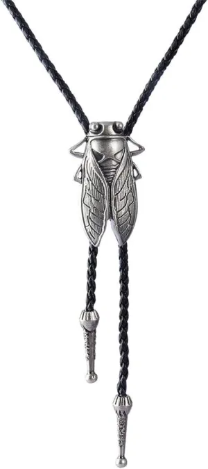 AZORA Cicada Insect Bug Bolo Tie Necklace Genuine Vegan Leather Braided Cord Western Cowboy Neck Tie Wedding Gift Men Women
