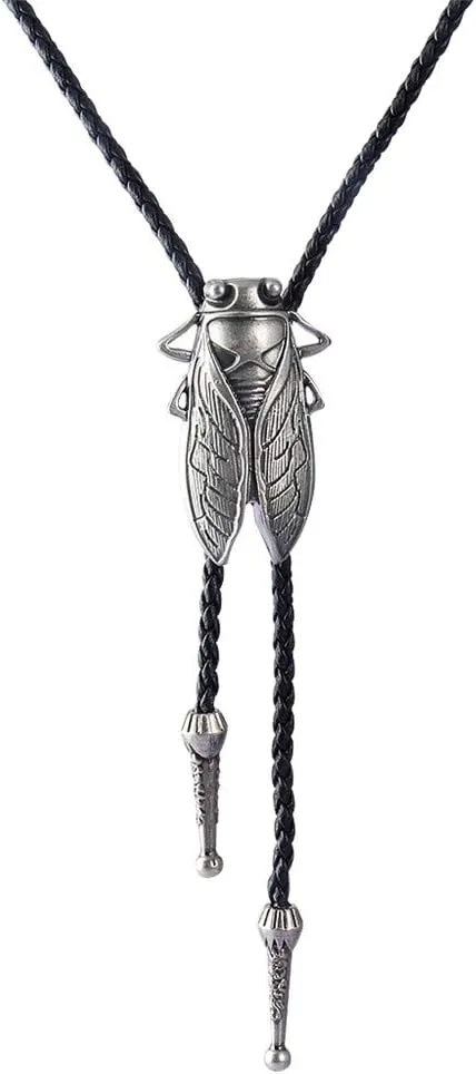 AZORA Cicada Insect Bug Bolo Tie Necklace Genuine Vegan Leather Braided Cord Western Cowboy Neck Tie Wedding Gift Men Women