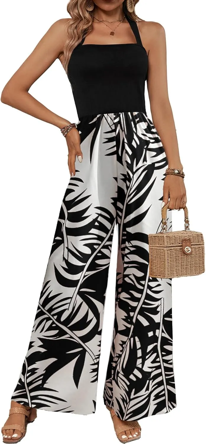 BARASA Women's Summer Leaf Print Hanging Neck Jumpsuit Vacation Beaches Backless Wide Leg Jumpsuit S631