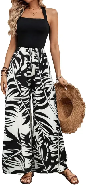 BARASA Women's Summer Leaf Print Hanging Neck Jumpsuit Vacation Beaches Backless Wide Leg Jumpsuit S631