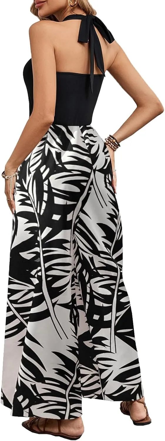 BARASA Women's Summer Leaf Print Hanging Neck Jumpsuit Vacation Beaches Backless Wide Leg Jumpsuit S631