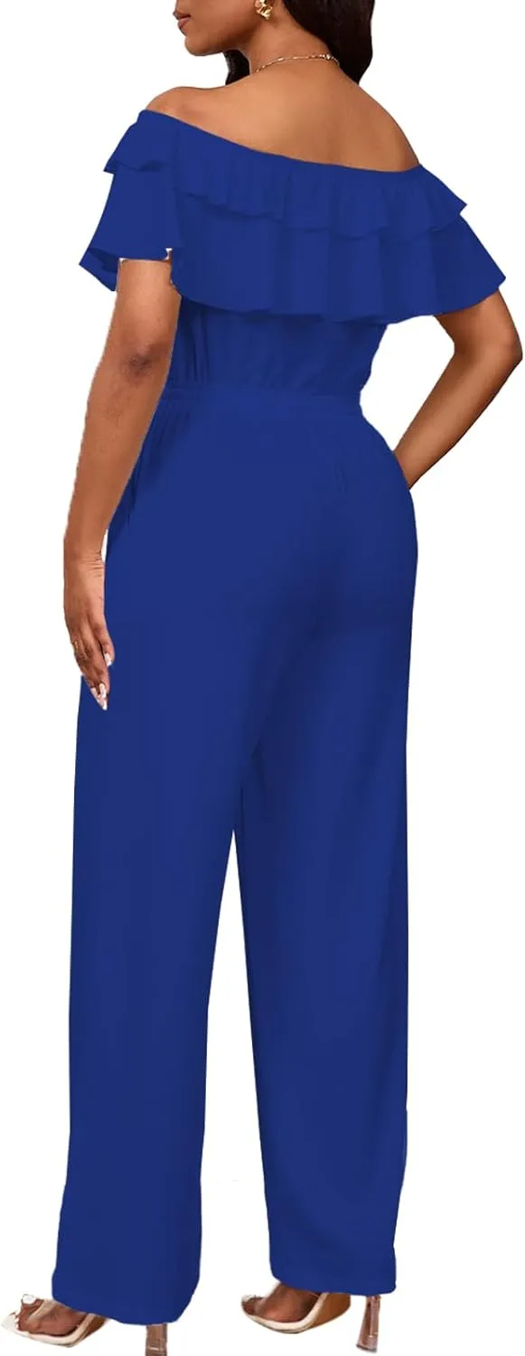 Bdwinz Off Shoulder Summer Jumpsuits for Women Elegant Ruffle Hem Rompers Wide Leg One Piece Casual Outfits for Women