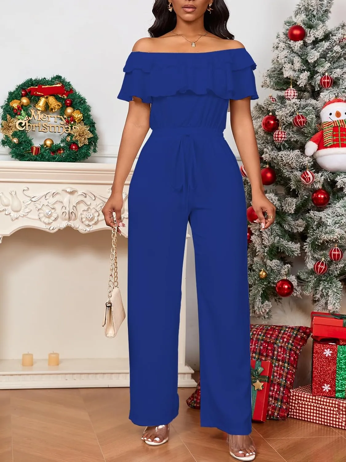 Bdwinz Off Shoulder Summer Jumpsuits for Women Elegant Ruffle Hem Rompers Wide Leg One Piece Casual Outfits for Women