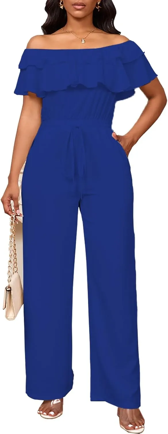 Bdwinz Off Shoulder Summer Jumpsuits for Women Elegant Ruffle Hem Rompers Wide Leg One Piece Casual Outfits for Women