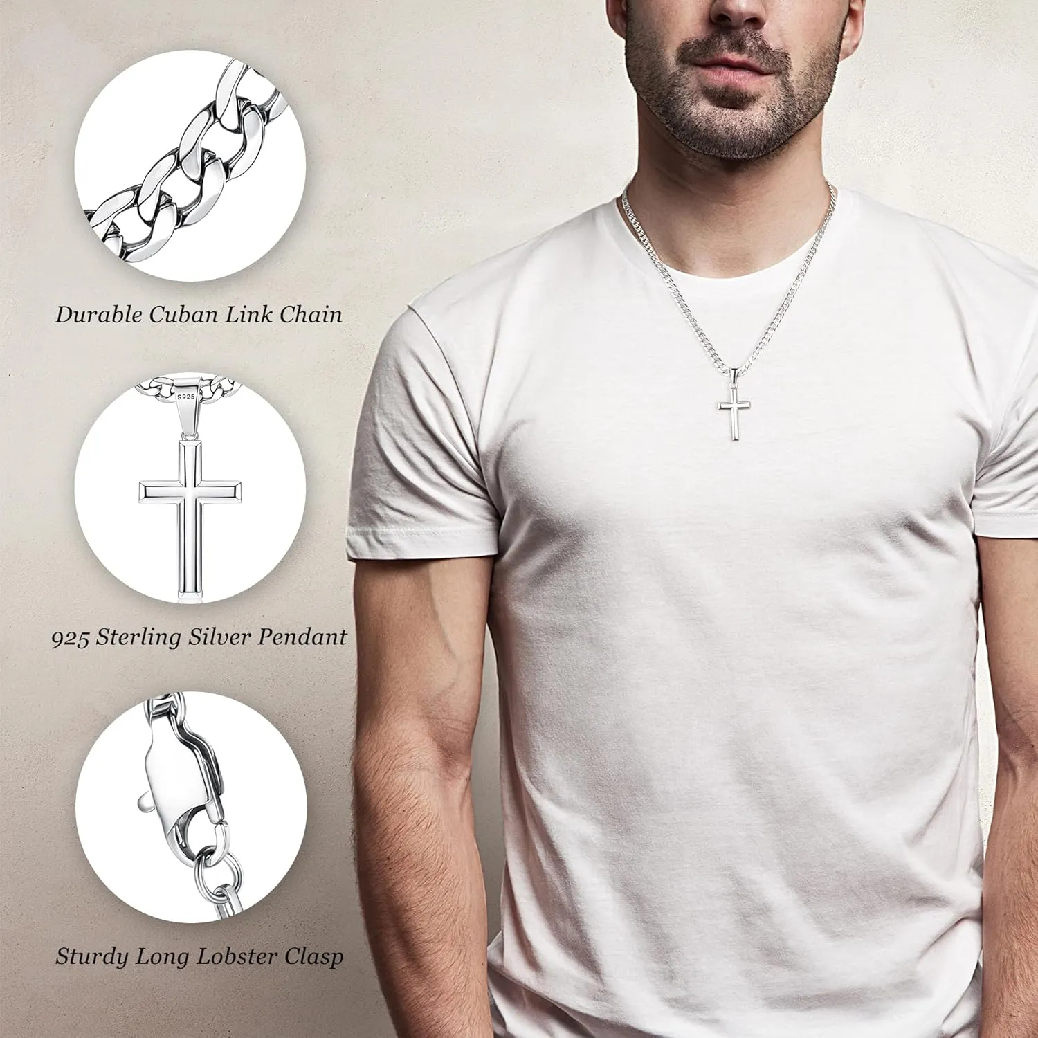 Besteel 925 Sterling Silver Cross Necklace for Men Women 5mm Big Beveled Edge Men's Stainless Steel Diamond Cut Curb Cuban Link Chain Crucifix Cross Pendant Jewelry 16-30 Inches