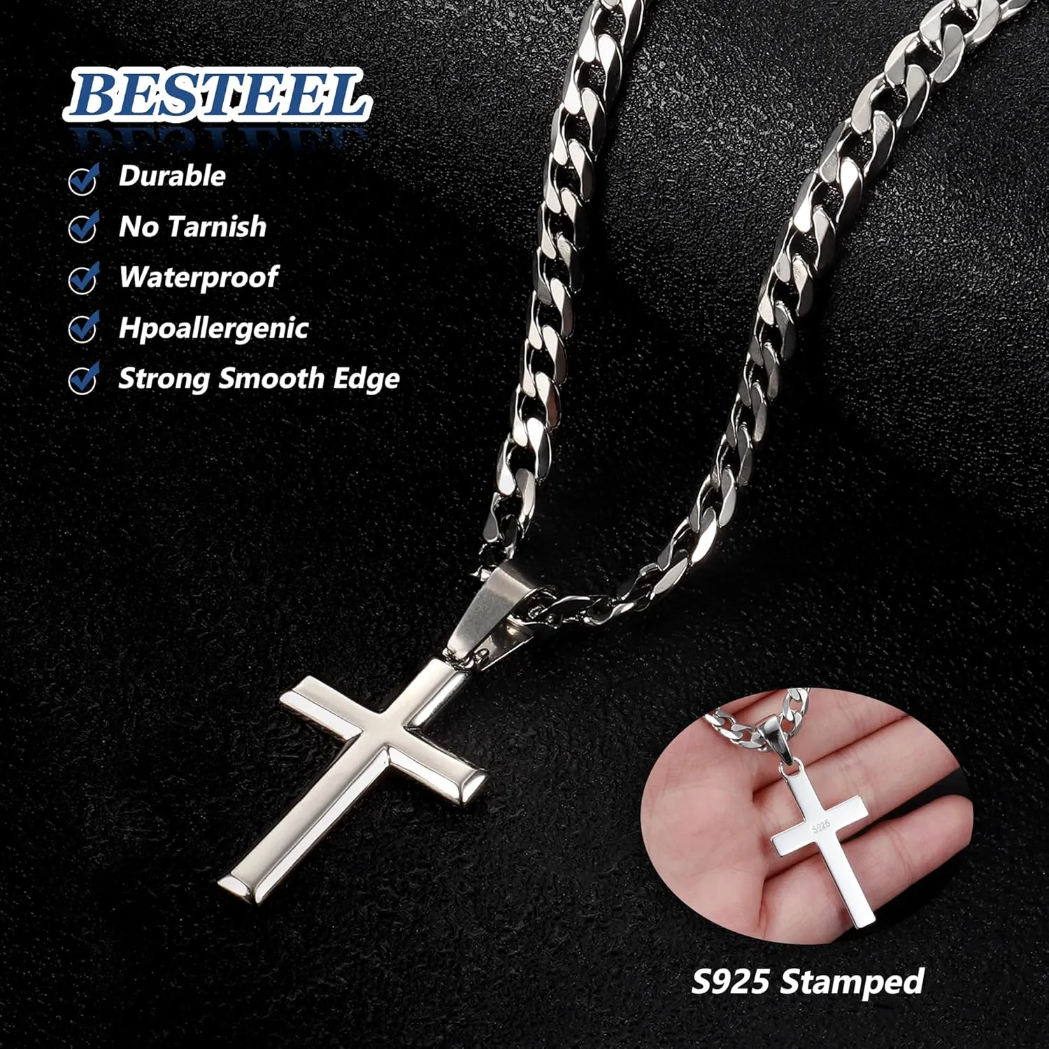 Besteel 925 Sterling Silver Cross Necklace for Men Women 5mm Big Beveled Edge Men's Stainless Steel Diamond Cut Curb Cuban Link Chain Crucifix Cross Pendant Jewelry 16-30 Inches