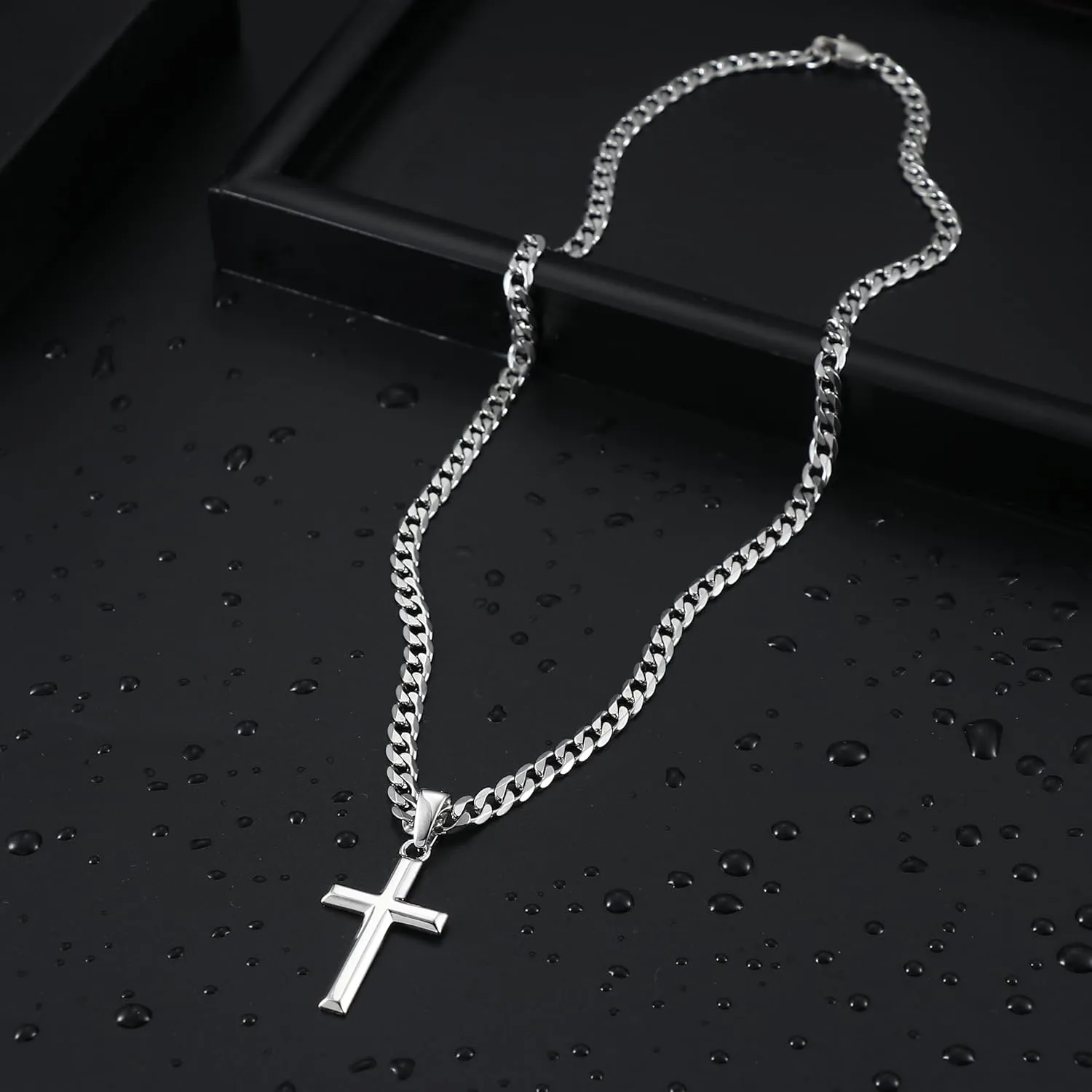 Besteel 925 Sterling Silver Cross Necklace for Men Women 5mm Big Beveled Edge Men's Stainless Steel Diamond Cut Curb Cuban Link Chain Crucifix Cross Pendant Jewelry 16-30 Inches