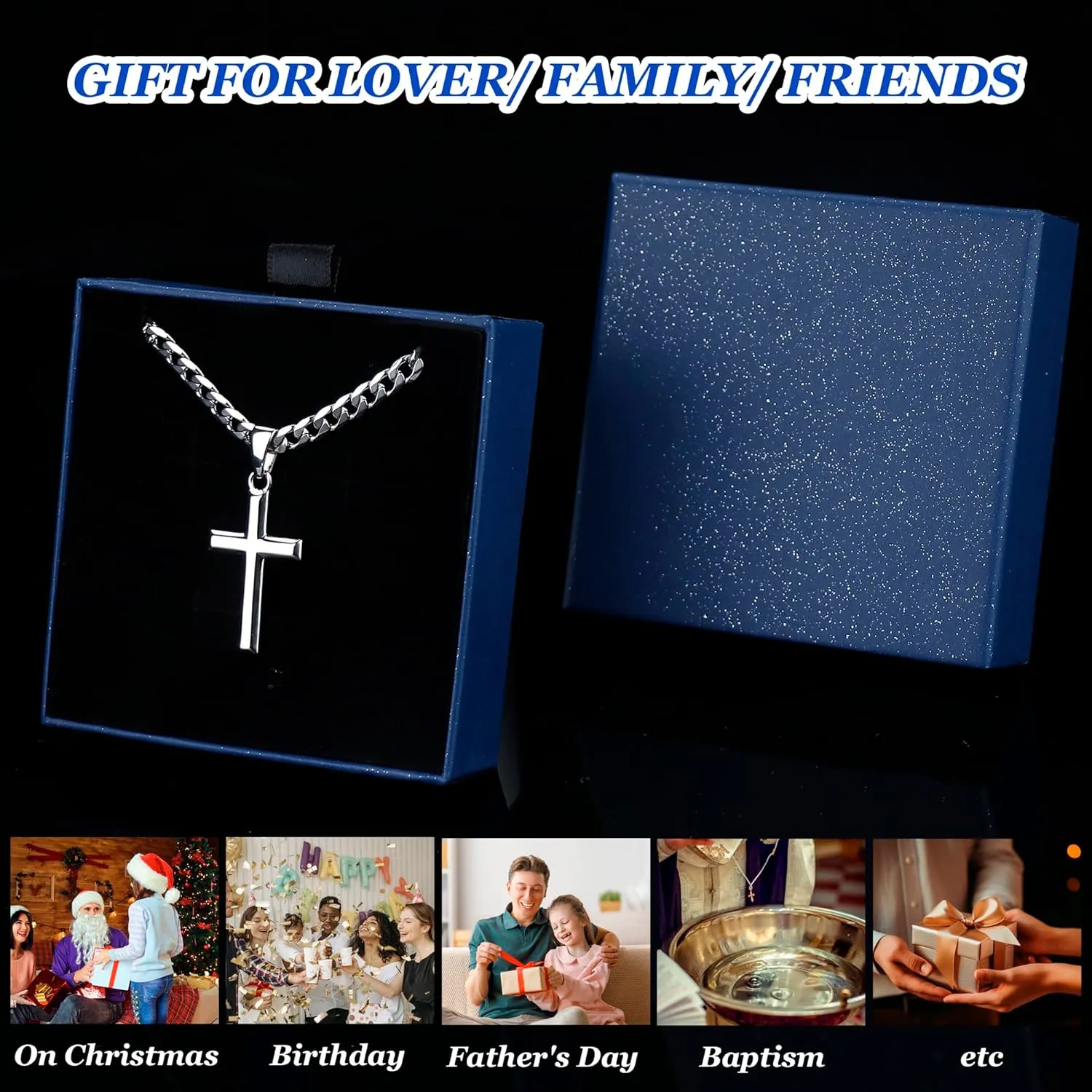 Besteel 925 Sterling Silver Cross Necklace for Men Women 5mm Big Beveled Edge Men's Stainless Steel Diamond Cut Curb Cuban Link Chain Crucifix Cross Pendant Jewelry 16-30 Inches