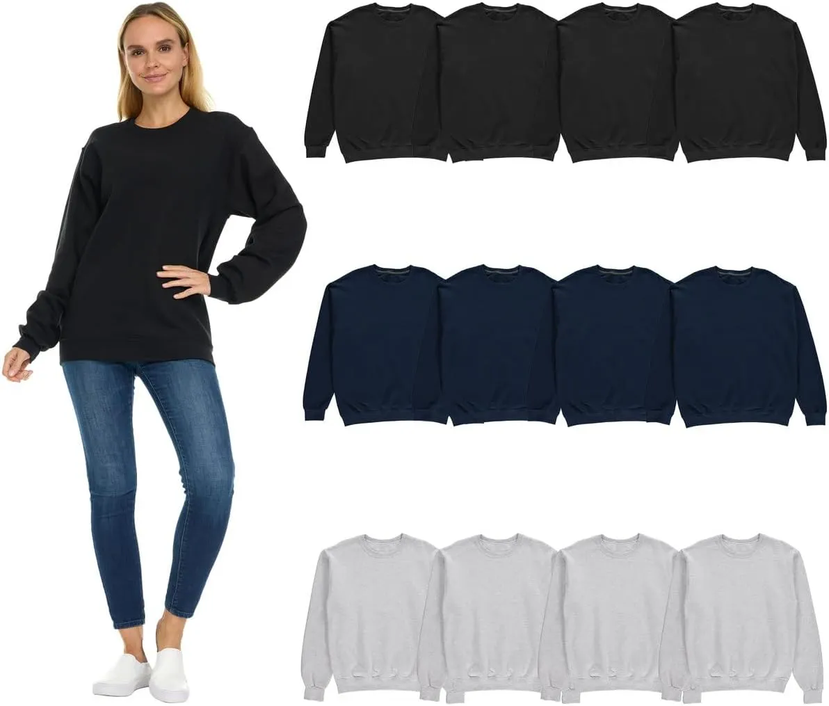 BILLIONHATS 12 Pack Womens Oversized Crew Neck Sweatshirt, Fleece Lined, Bulk Wholesale Sweatshirts for Charities & Events