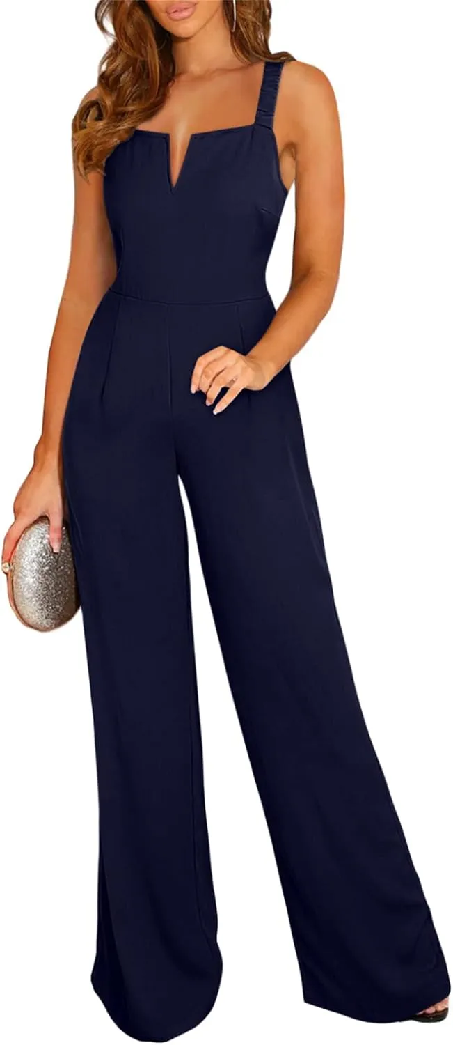 BLENCOT Sleeveless Jumpsuits For Women Dressy Casual V Neck Wide Leg Long Pants Slip Rompers Summer Overalls