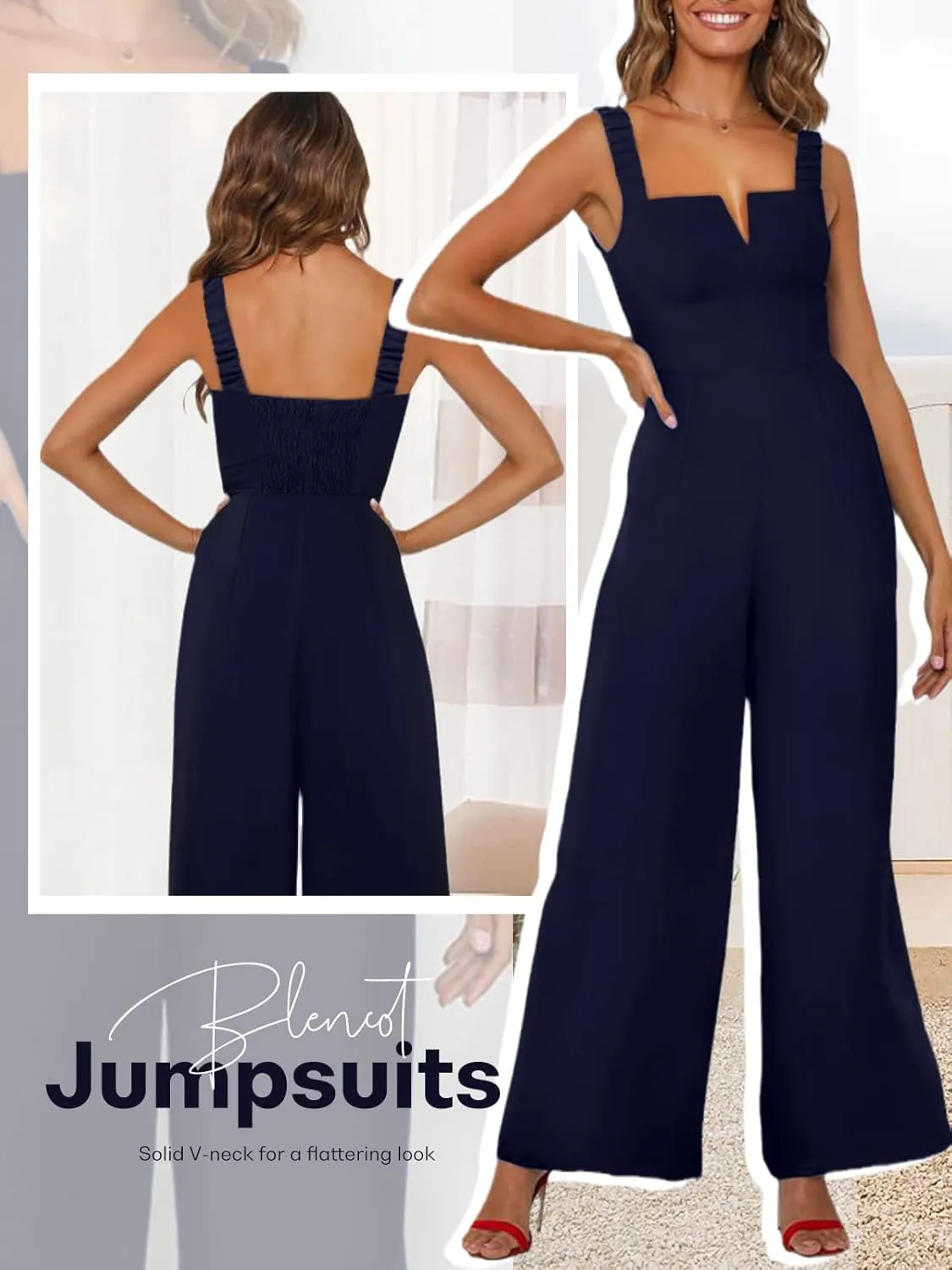 BLENCOT Sleeveless Jumpsuits For Women Dressy Casual V Neck Wide Leg Long Pants Slip Rompers Summer Overalls