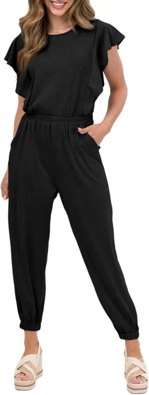 BLENCOT Womens Casual Ruffled Cap Short Sleeve Jumpsuit Summer One Piece Outfits Romper Atheletic Jumpsuit with Pockets