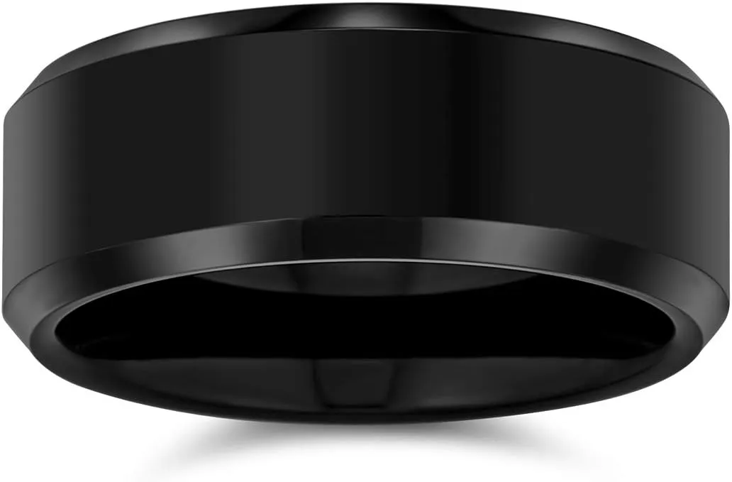 Bling Jewelry Personalize Plain Simple Wide Beveled Titanium Gunmetal Black Silver Tone Unisex Couples Wedding Band Ring For Men Women Comfort Fit 8MM Size 6-14