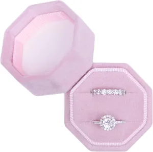 BLUTETE Velvet 2 Slots Jewelry Ring Box Engagement Wedding Box Keepsake Box Bridal Photo Ring Double Slots Octagon (Pink)