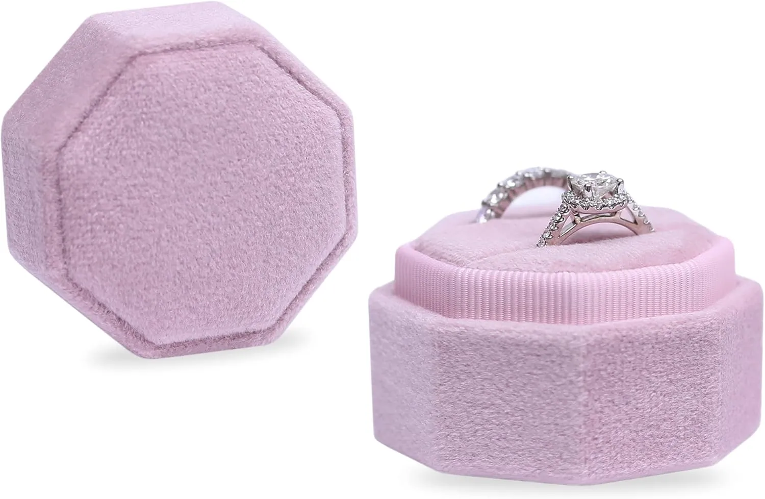 BLUTETE Velvet 2 Slots Jewelry Ring Box Engagement Wedding Box Keepsake Box Bridal Photo Ring Double Slots Octagon (Pink)