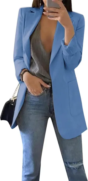 BOFETA Women's Solid Color Blazer Cardigan Casual Long Sleeve Plus Size Blazer with Pockets