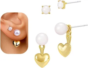 Bow Stud Pearl Earrings for Women: 14K Gold Pearl Stud Earrings Set - Dainty Cute Bow Earrings for Women Trendy Dangling - Unique Cubic Zirconia Flower Heart Teardrop Earring Gold Pearl Jewelry Gifts