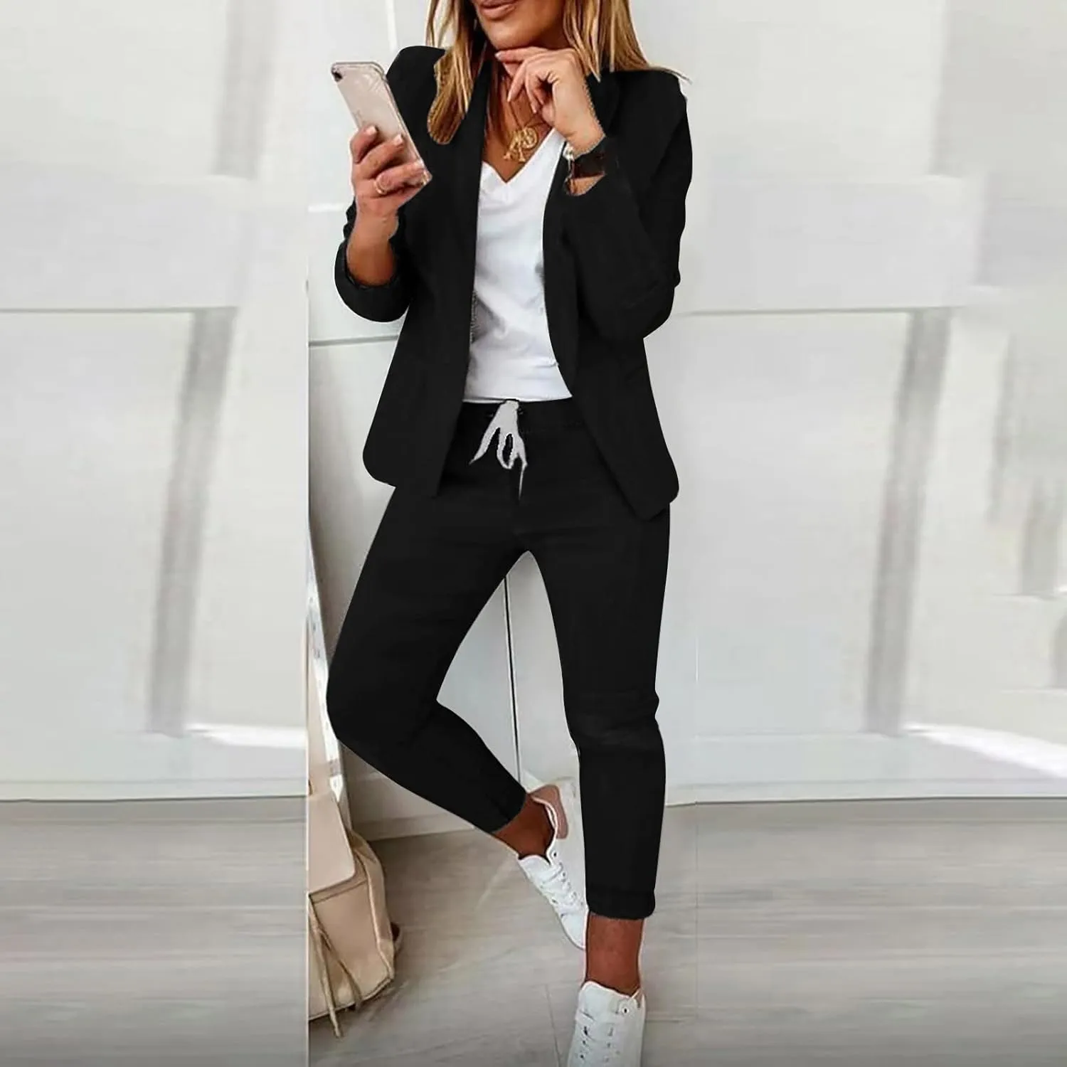 Business Casual Clothes Sets for Women Dressy Office Blazer Loose Straight Leg Pants Work 2 Piece Outfits Matching Set