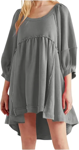 CHARTOU Women's Oversized Hoodies Dress Lantern 3/4 Sleeve Split Hem Dress Sweaters Pullover Y2K Outfit 2024