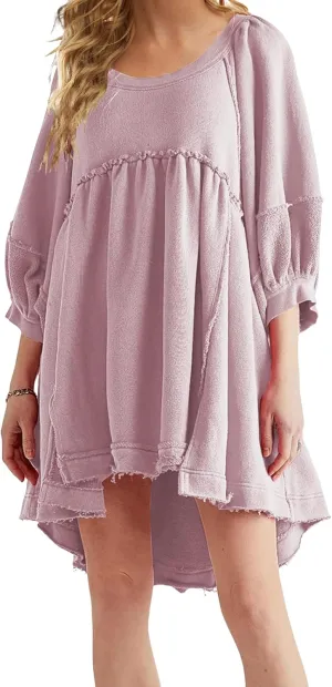 CHARTOU Women's Oversized Hoodies Dress Lantern 3/4 Sleeve Split Hem Dress Sweaters Pullover Y2K Outfit 2024
