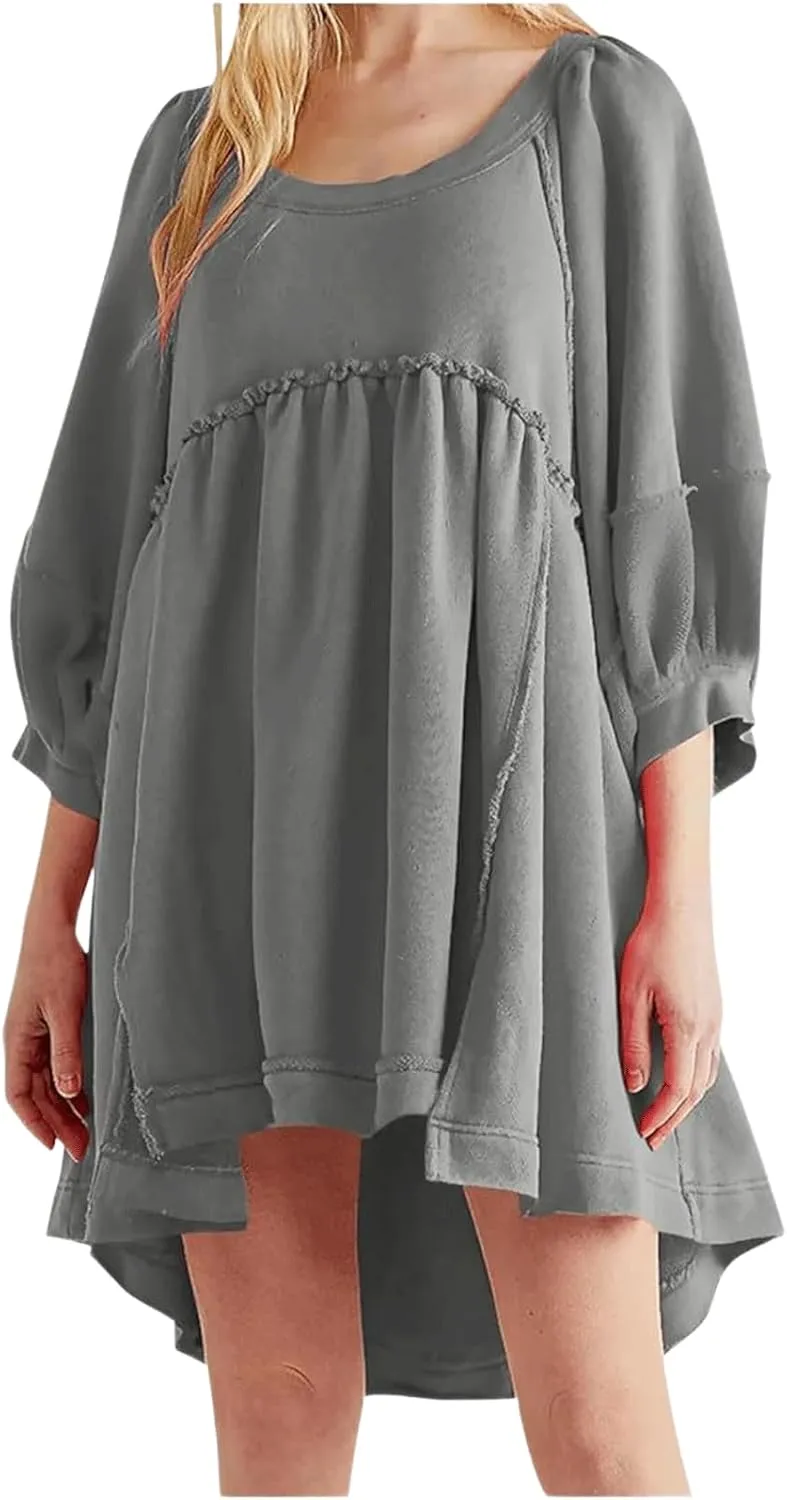 CHARTOU Women's Oversized Hoodies Dress Lantern 3/4 Sleeve Split Hem Dress Sweaters Pullover Y2K Outfit 2024