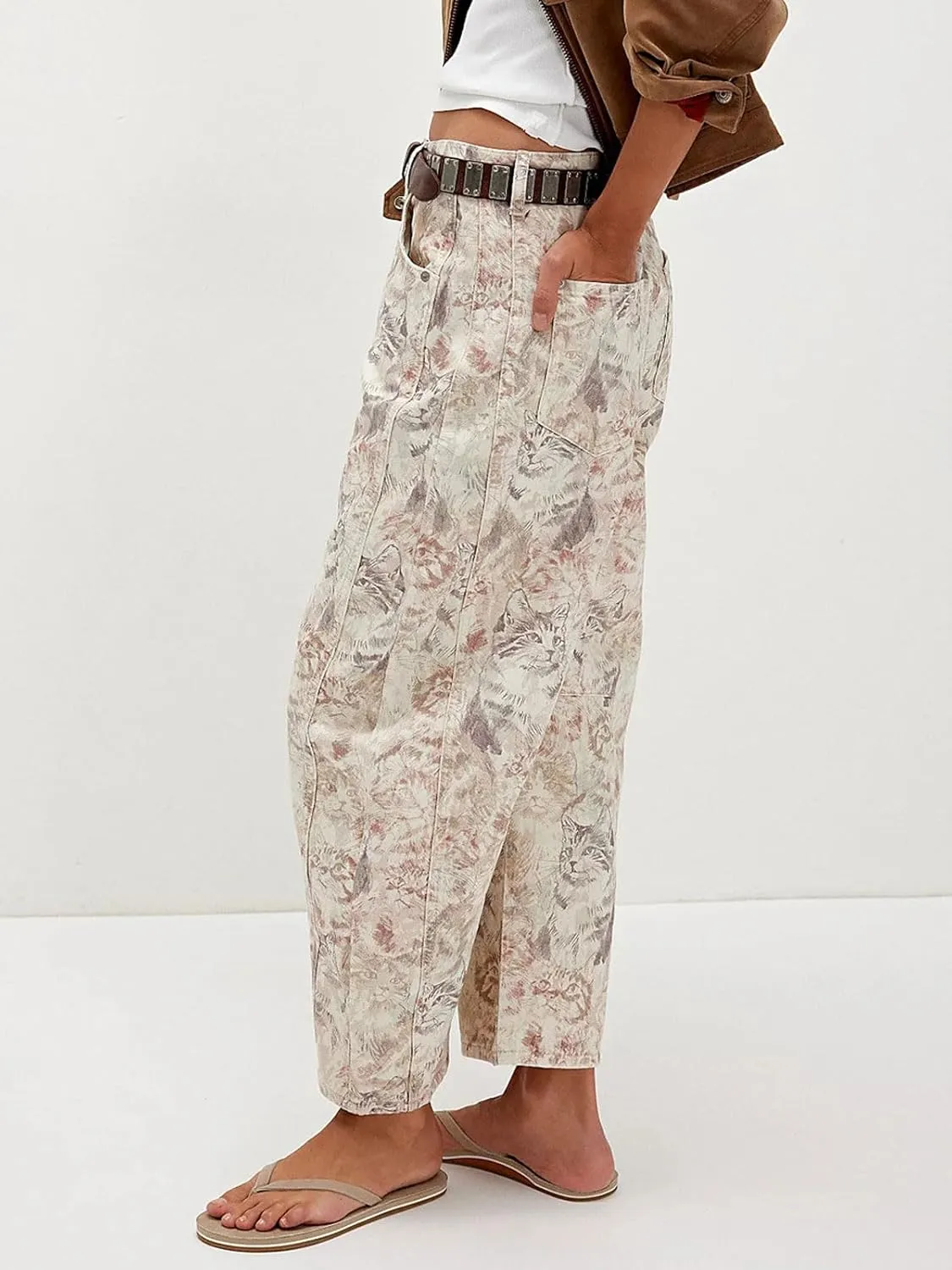 CHARTOU Womens Wide Leg Cropped Jeans Pants Baggy High Rise Denim Pants Y2k Graffiti Barrel Jeans